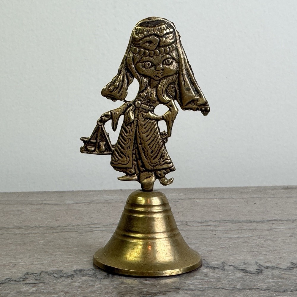 Vintage Cast Iron Brass Bell Belly Dancing Vailed Lady Egyptian Girl